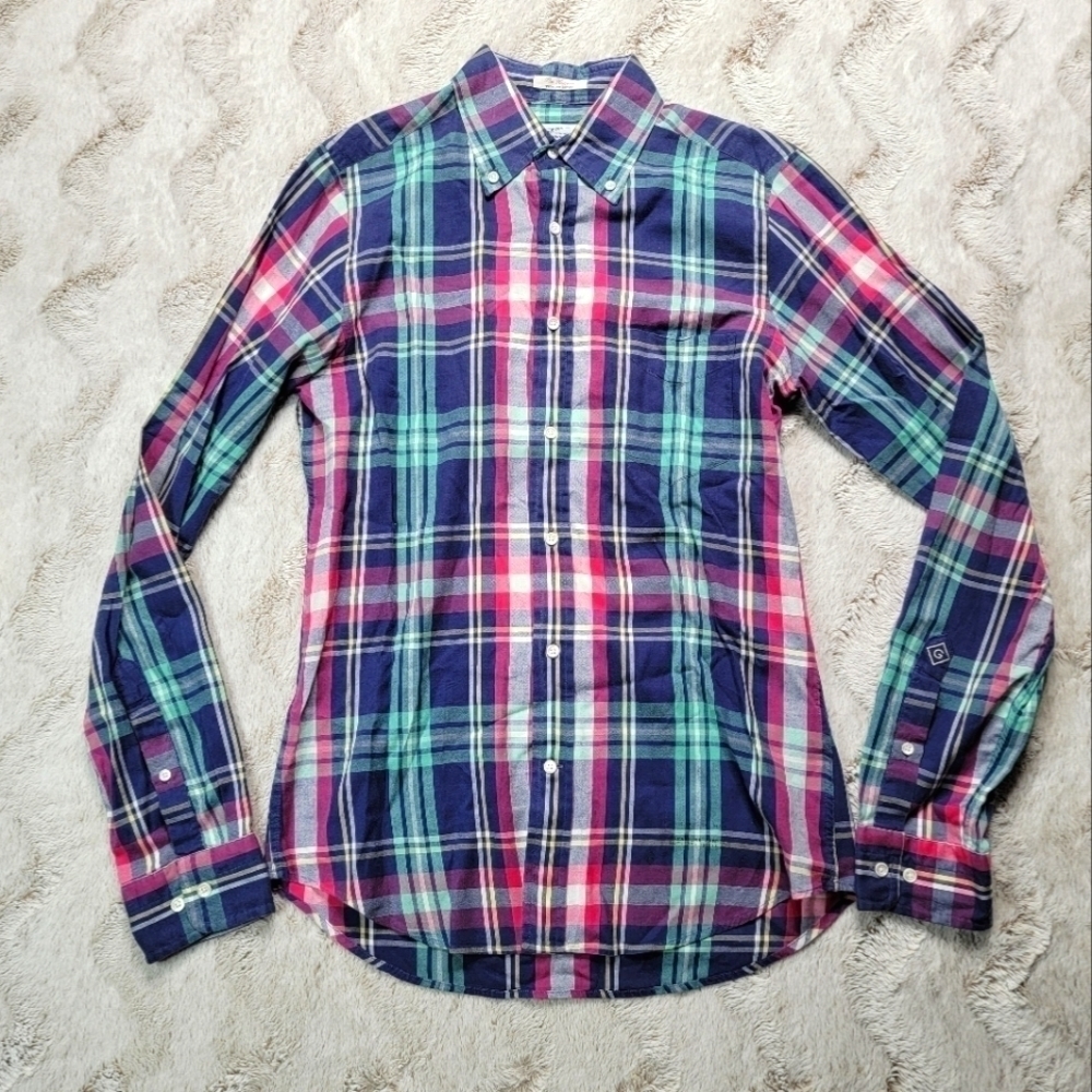 Gant Plaid 100% Cotton The Hugger Windblown Oxford Button Up Collared Top Size S